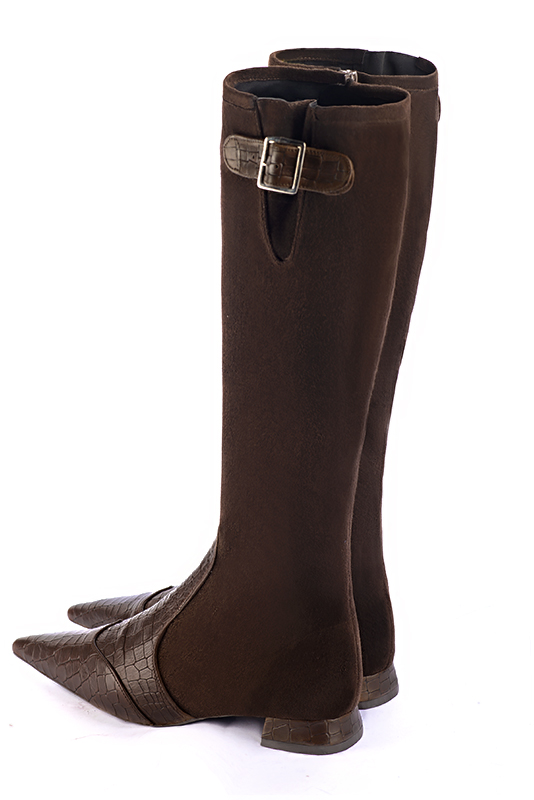 Dark brown women's knee-high boots with buckles. Pointed toe. Flat flare heels. Made to measure. Rear view - Florence KOOIJMAN